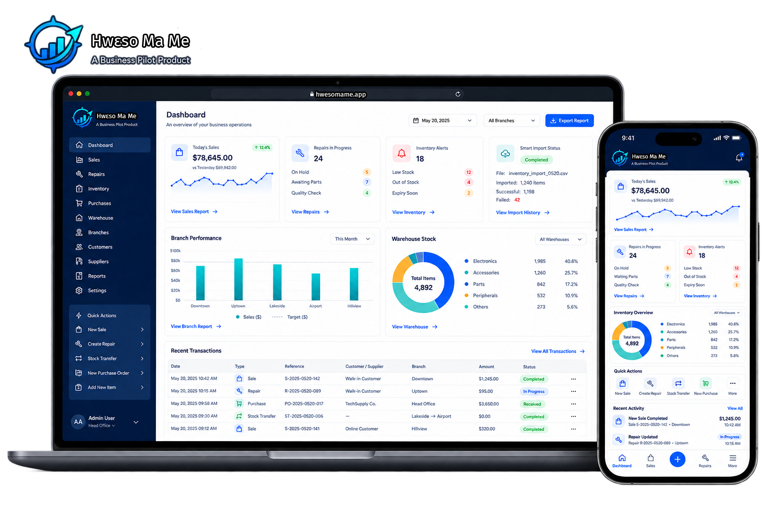 Hwɛso Ma Me business management dashboard shown on desktop and mobile